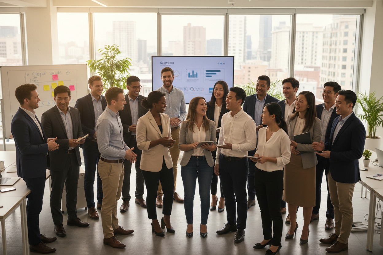 A diverse group of business professionals stand together smiling and talking in a bright, modern office with large windows overlooking a city skyline.